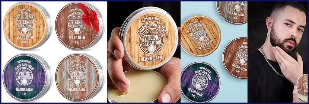 Viking Revolution 4 Beard Balm Variety Pack 1oz Each- Sandalwood, Pine & Cedar, Bay Rum, Clary Sage - Beard Butter Styles, Strengthens and Softens Beards and Mustache